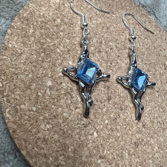 Blue Gem Cross Earrings - Picture 2 of 3